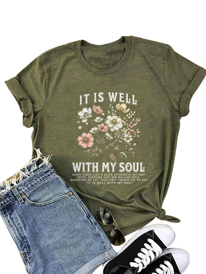 Women's Floral Graphic T-Shirt - Round Neck Short Sleeve Travel Style detail image