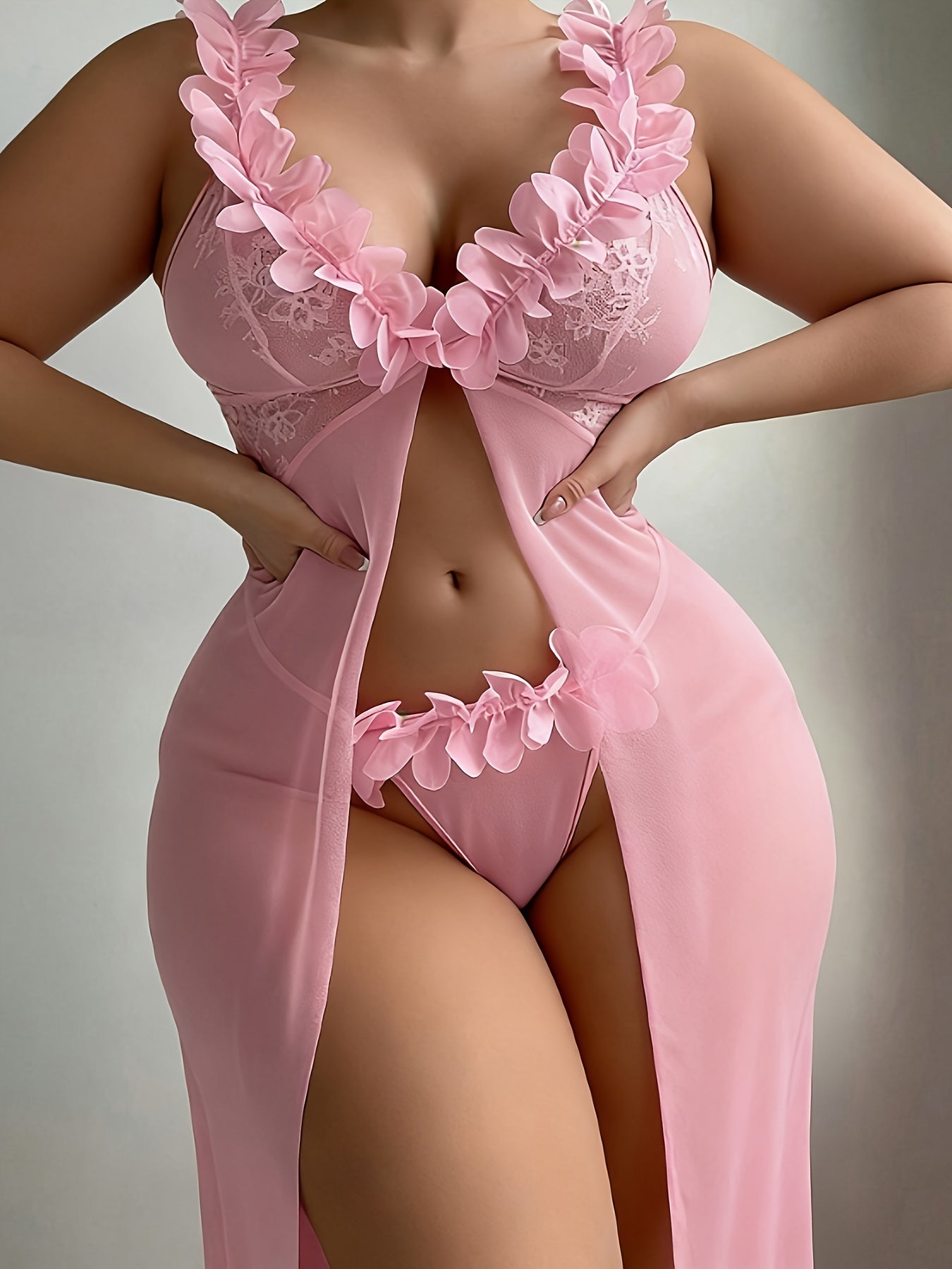 Plus Size Pink Floral Applique Lace Mesh Chemise Nightgown Sexy Deep V Neck Open - product view 3