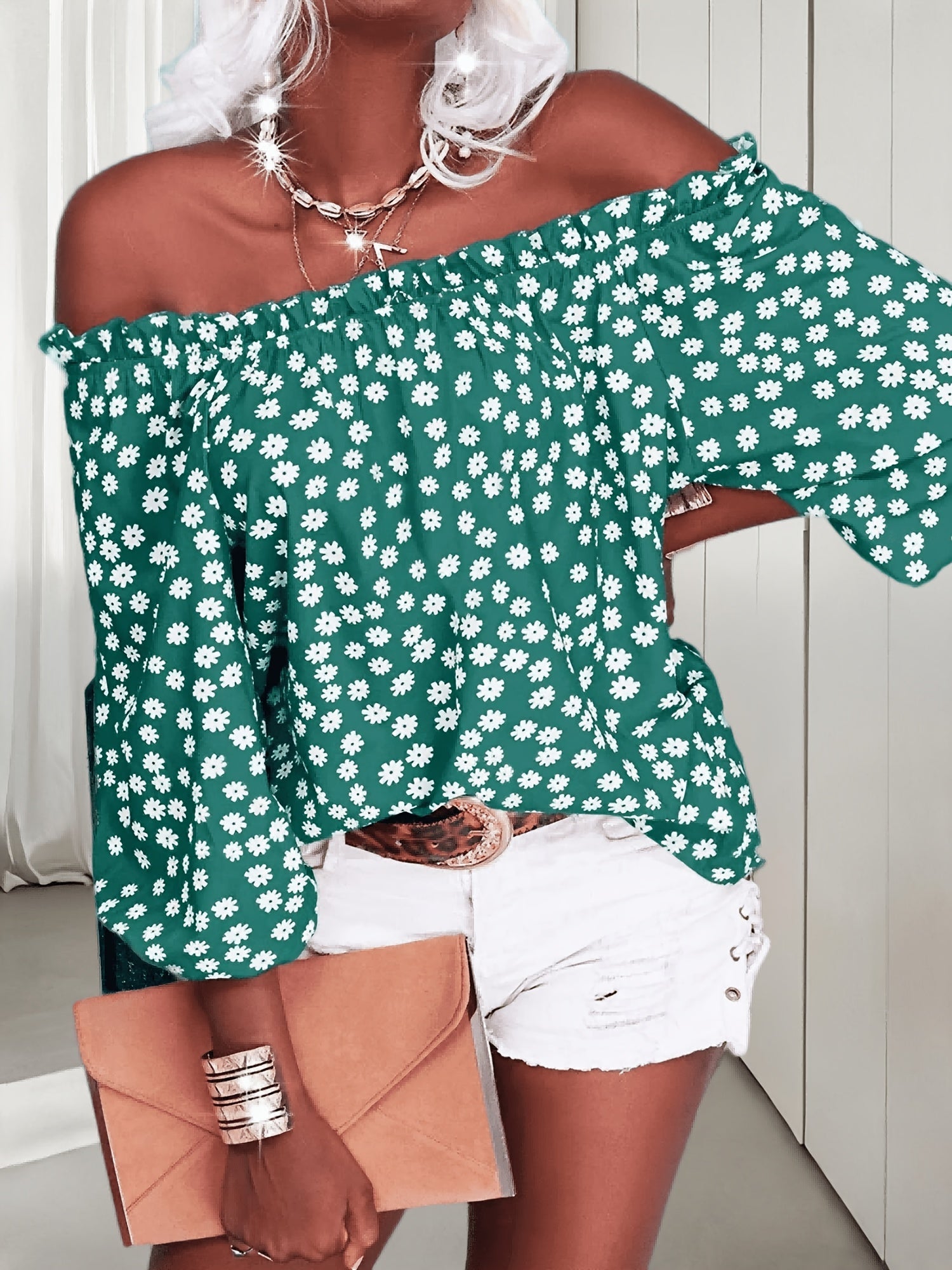 Women's Floral Print Blouse - Off-Shoulder Three-Quarter Sleeve detail image