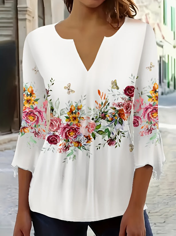 Women's Floral Print Blouse - V-Neck Style 793765 detail image