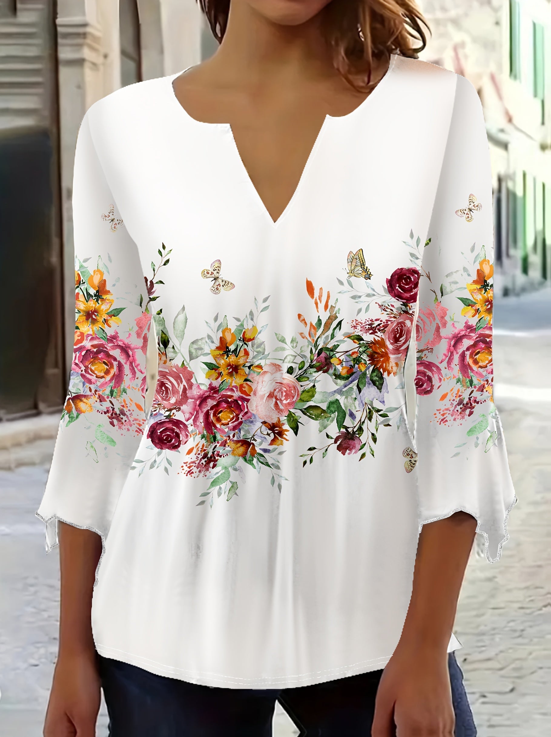 Women's Floral Print Blouse - V-Neck Style 793765 detail image - detail view 3