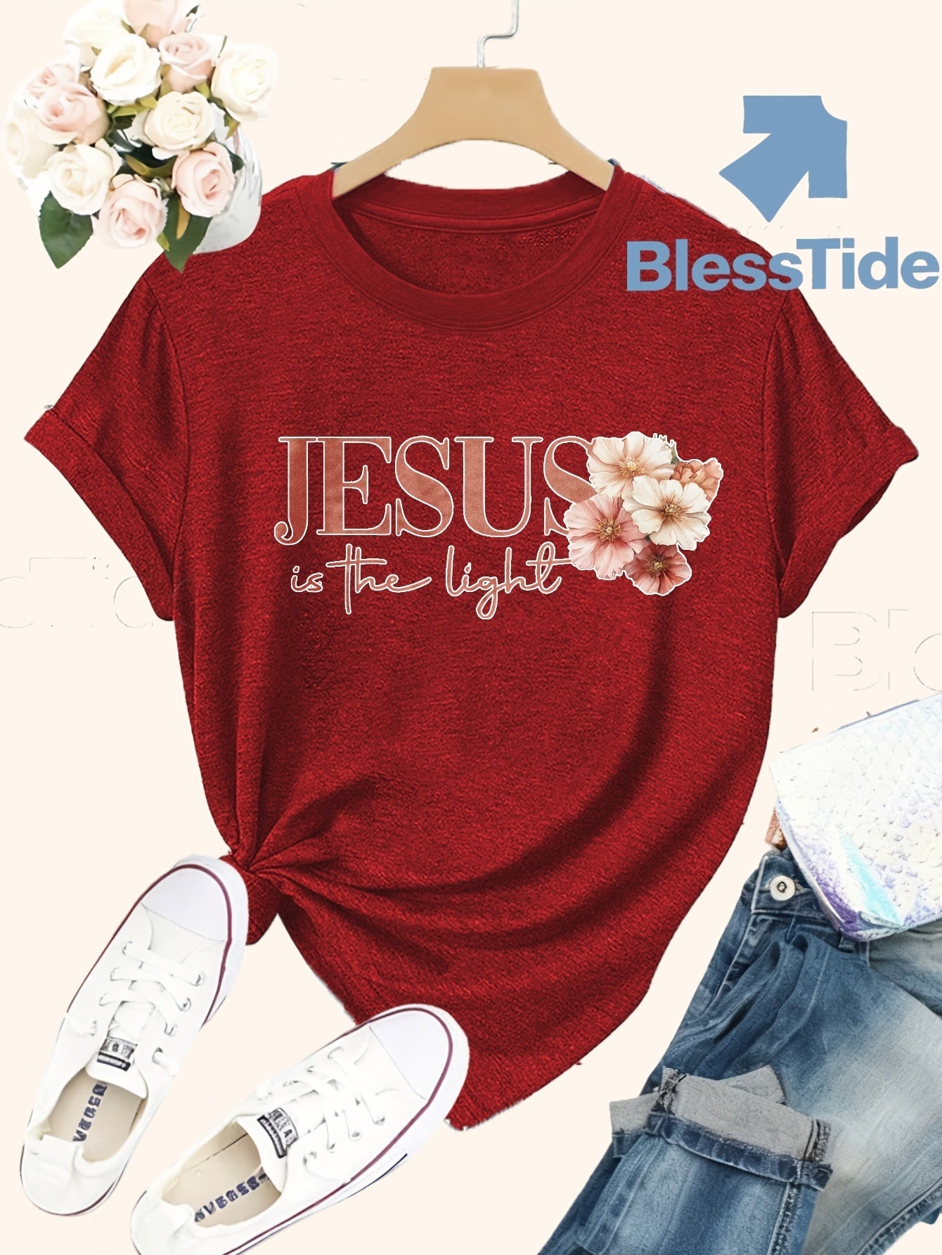 Women's Floral Print T-Shirt - Classic Neck Short Sleeve detail image