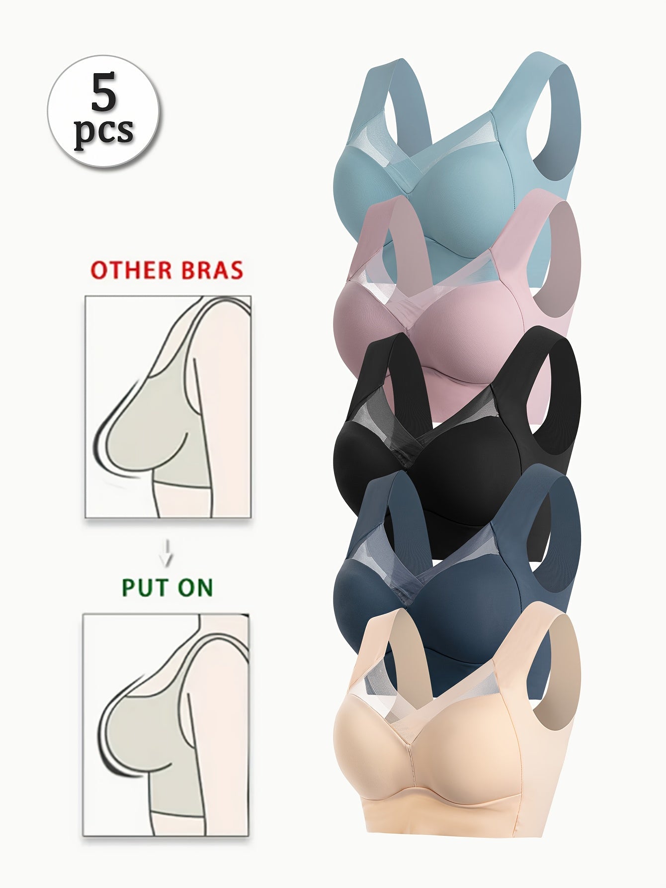 Women's Full-Coverage Sports Bra - 5-Pack Removable Pads, Everyday Support