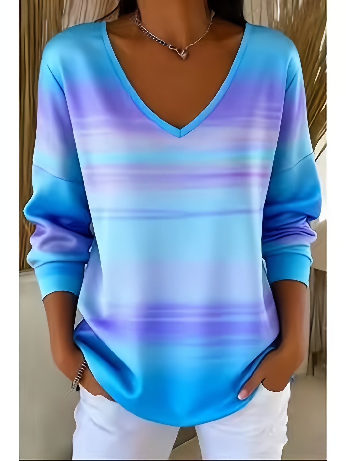 Women's Sky Blue Printed V-Neck Top - product view 4