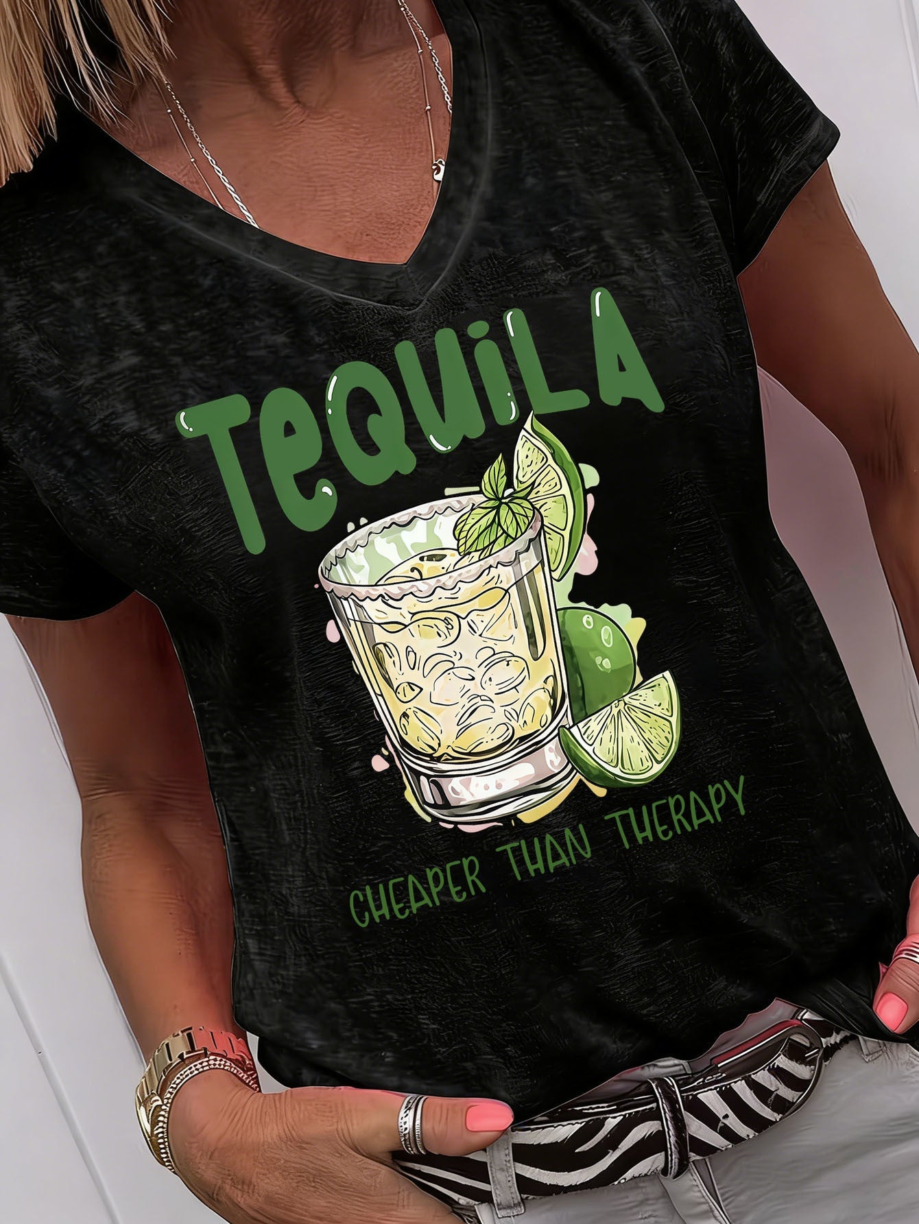 Women's Black Polyester Printed V-Neck Shirt - product view 6
