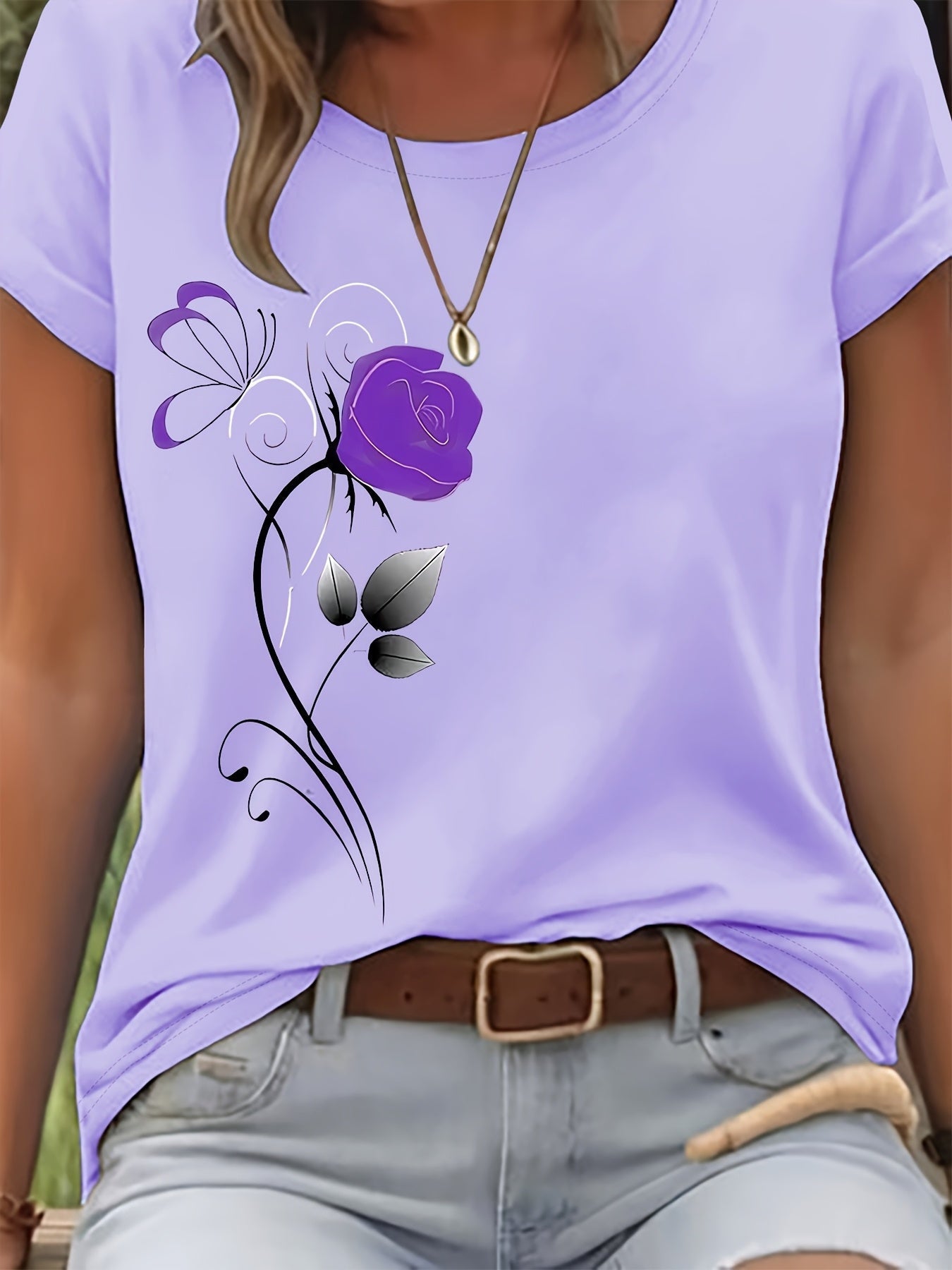 Women's Purple Polyester Floral Printed T-Shirt - product view 7