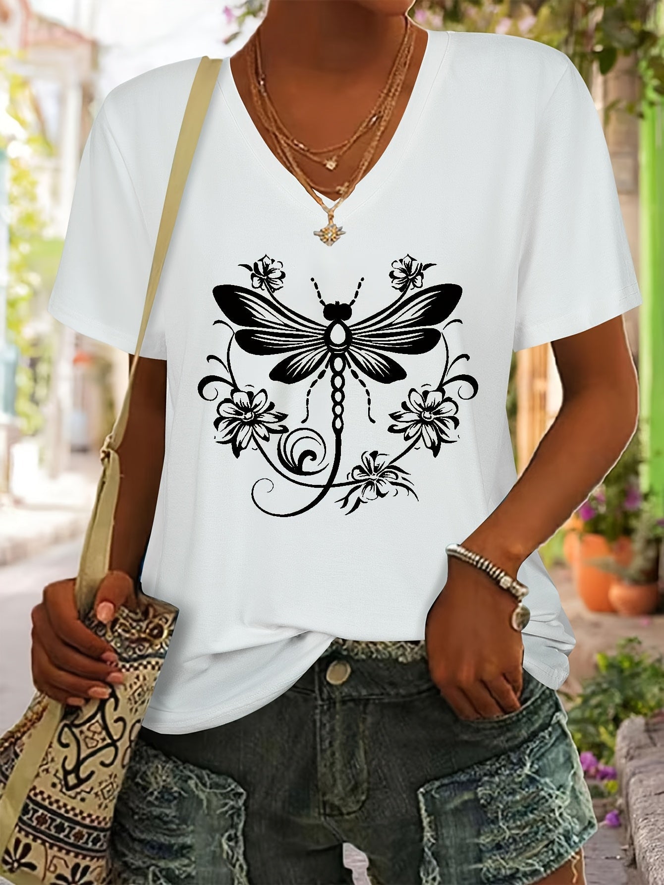 Women's Graphic Print T-Shirt - V-Neck Short Sleeve Dragonfly detail image - detail view 13
