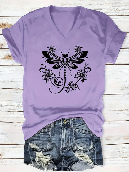 Women's Graphic Print T-Shirt - V-Neck Short Sleeve Dragonfly detail image - detail view 15