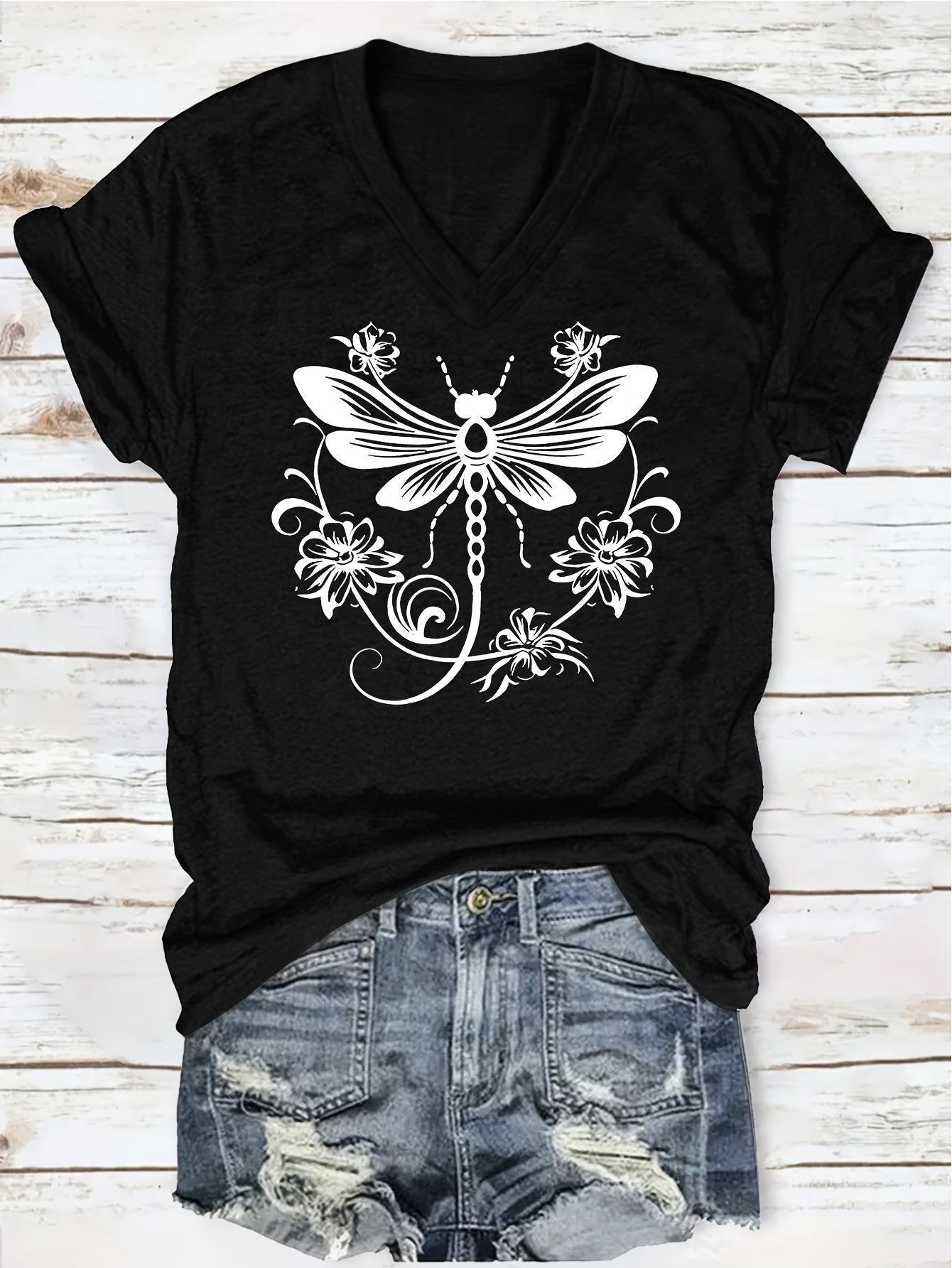 Women's Graphic Print T-Shirt - V-Neck Short Sleeve Dragonfly detail image