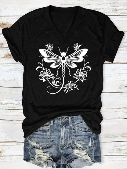 Women's Graphic Print T-Shirt - V-Neck Short Sleeve Dragonfly detail image