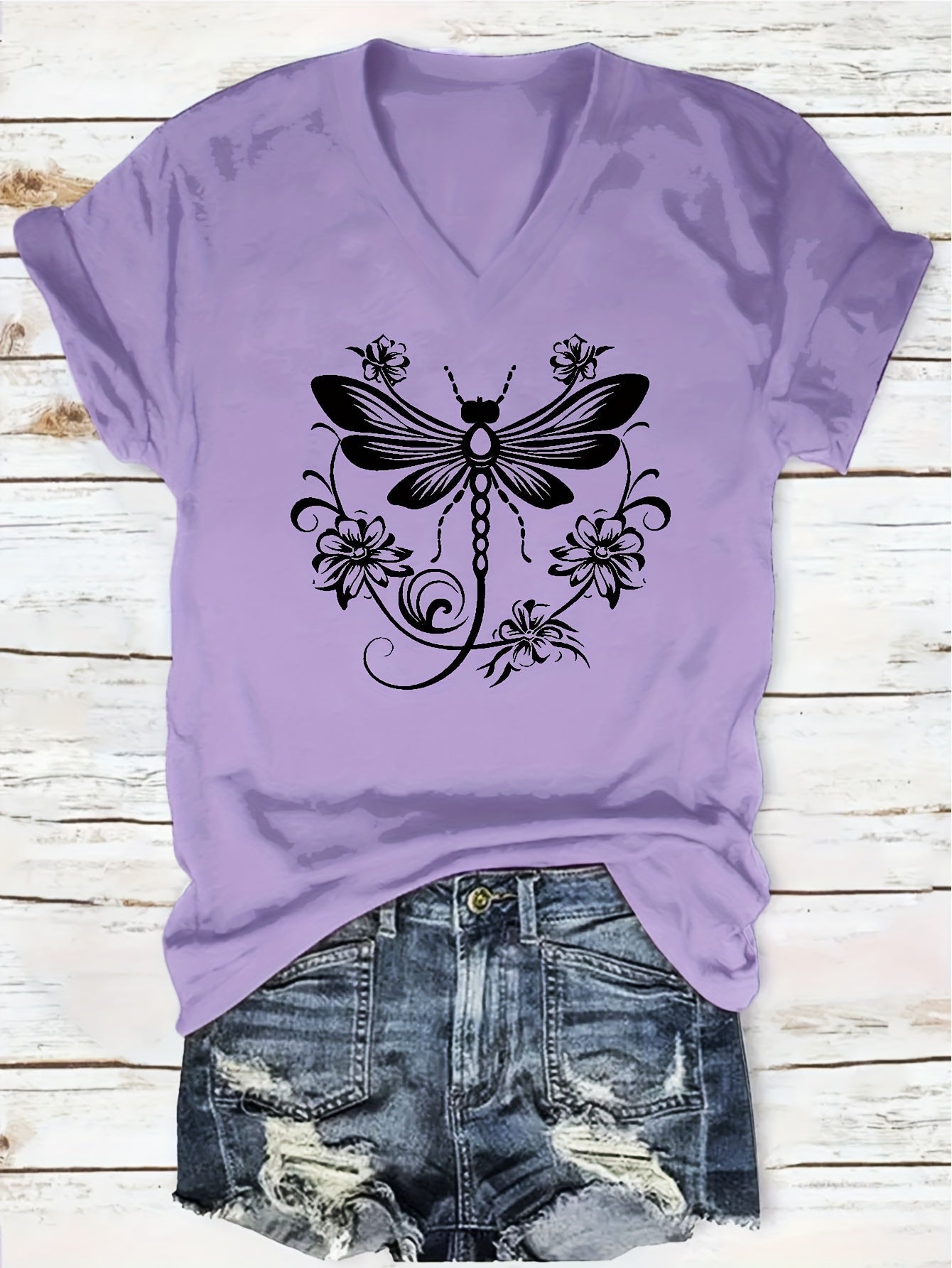 Women's Graphic Print T-Shirt - V-Neck Short Sleeve Dragonfly detail image - detail view 8