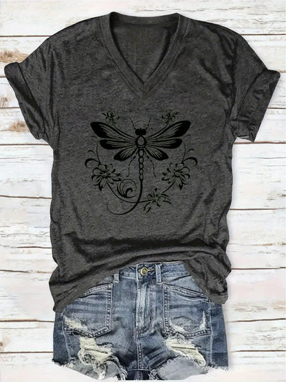 Women's Graphic Print T-Shirt - V-Neck Short Sleeve Dragonfly detail image - detail view 9