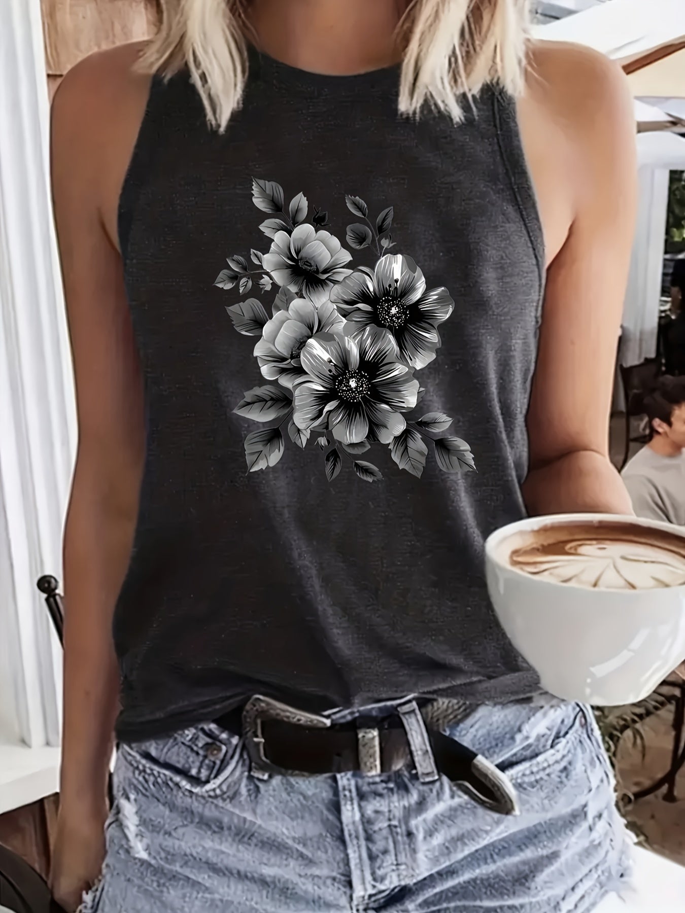Women's Dark Gray Polyester Printed Sleeveless Tank Top - product view 5