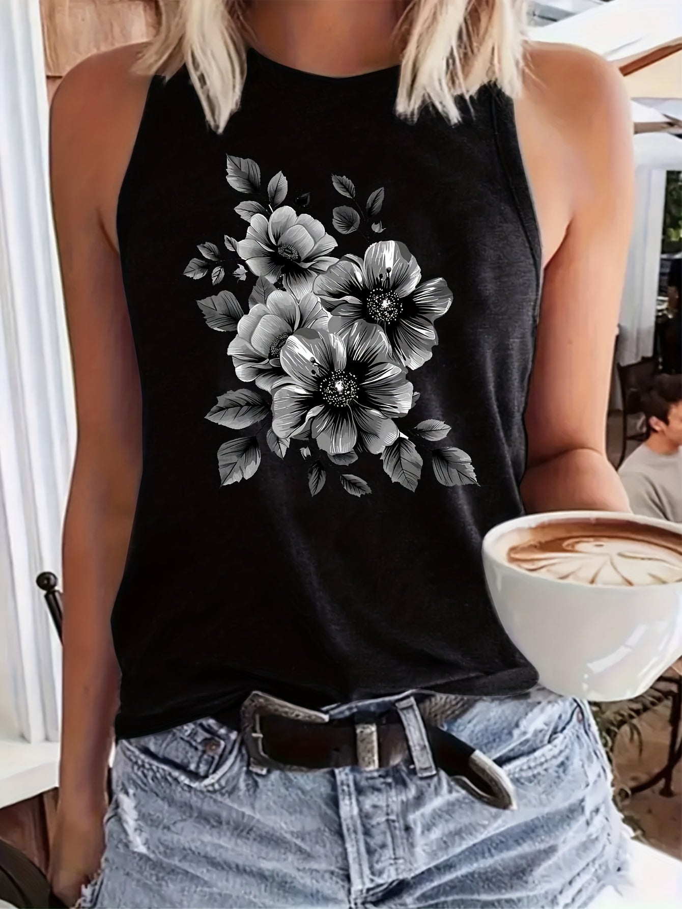 Women's Graphic Print Tank Top - Crew Neck Style 155109 detail image
