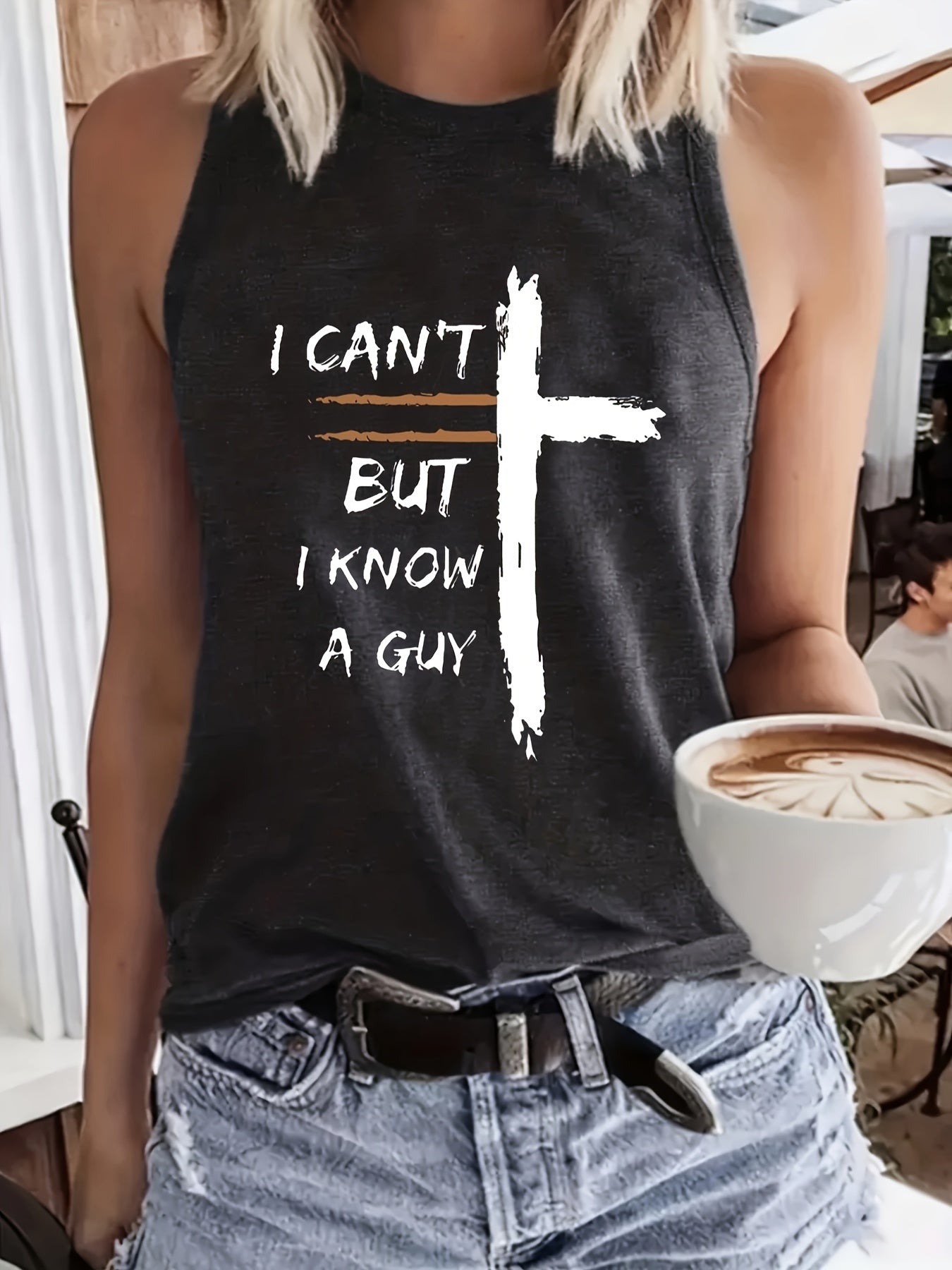 Women's Dark Gray Polyester Printed Sleeveless Tank Top - product view 4