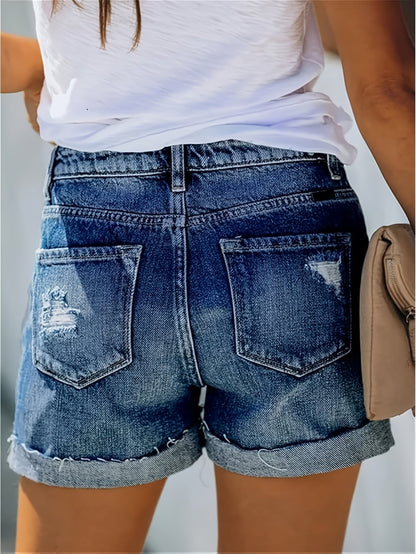 Women's High-Waist Denim Shorts - Distressed Regular Fit detail image