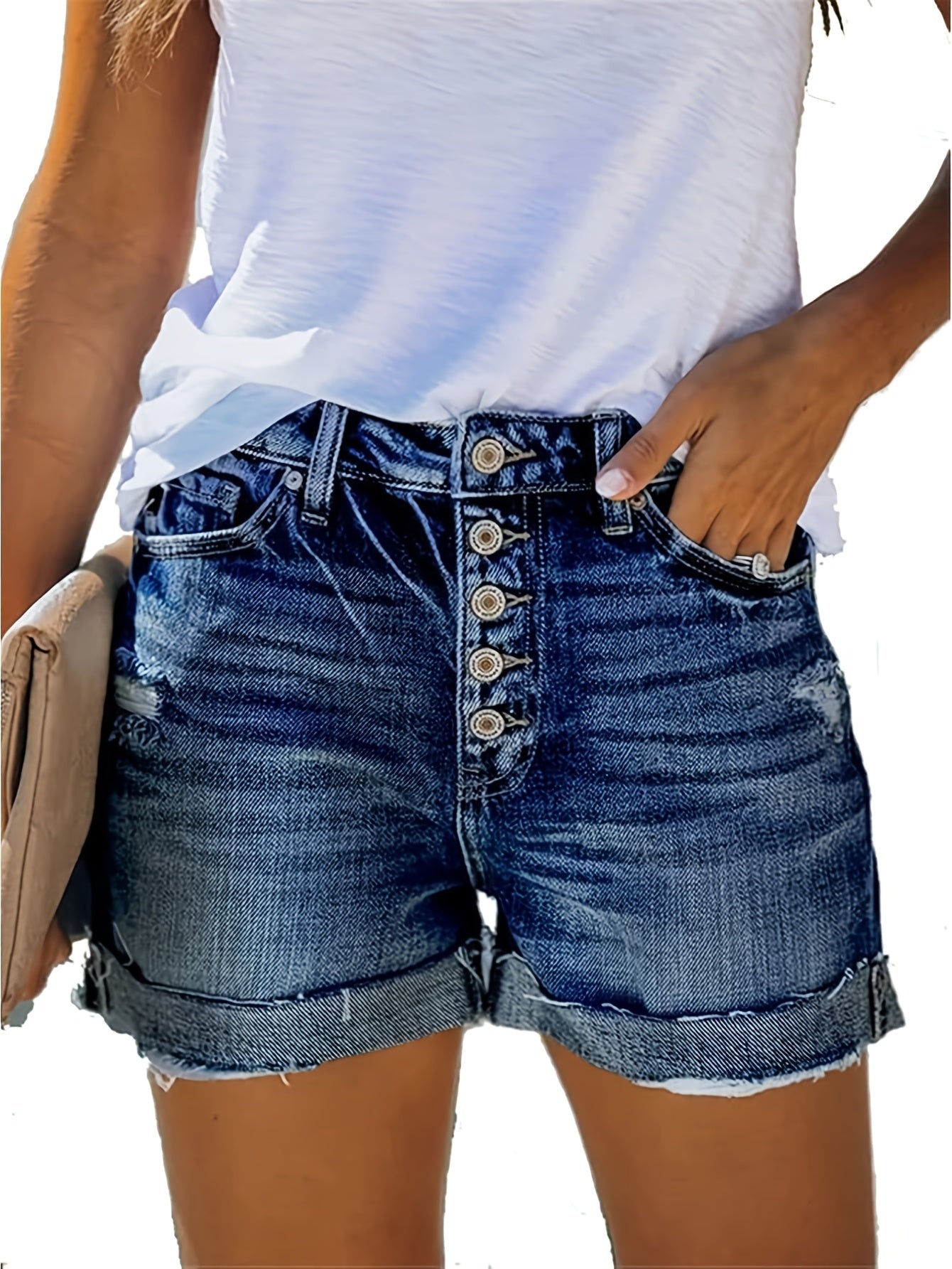 Women's High-Waist Denim Shorts - Distressed Regular Fit detail image - detail view 4