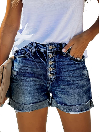 Women's High-Waist Denim Shorts - Distressed Regular Fit detail image - detail view 4