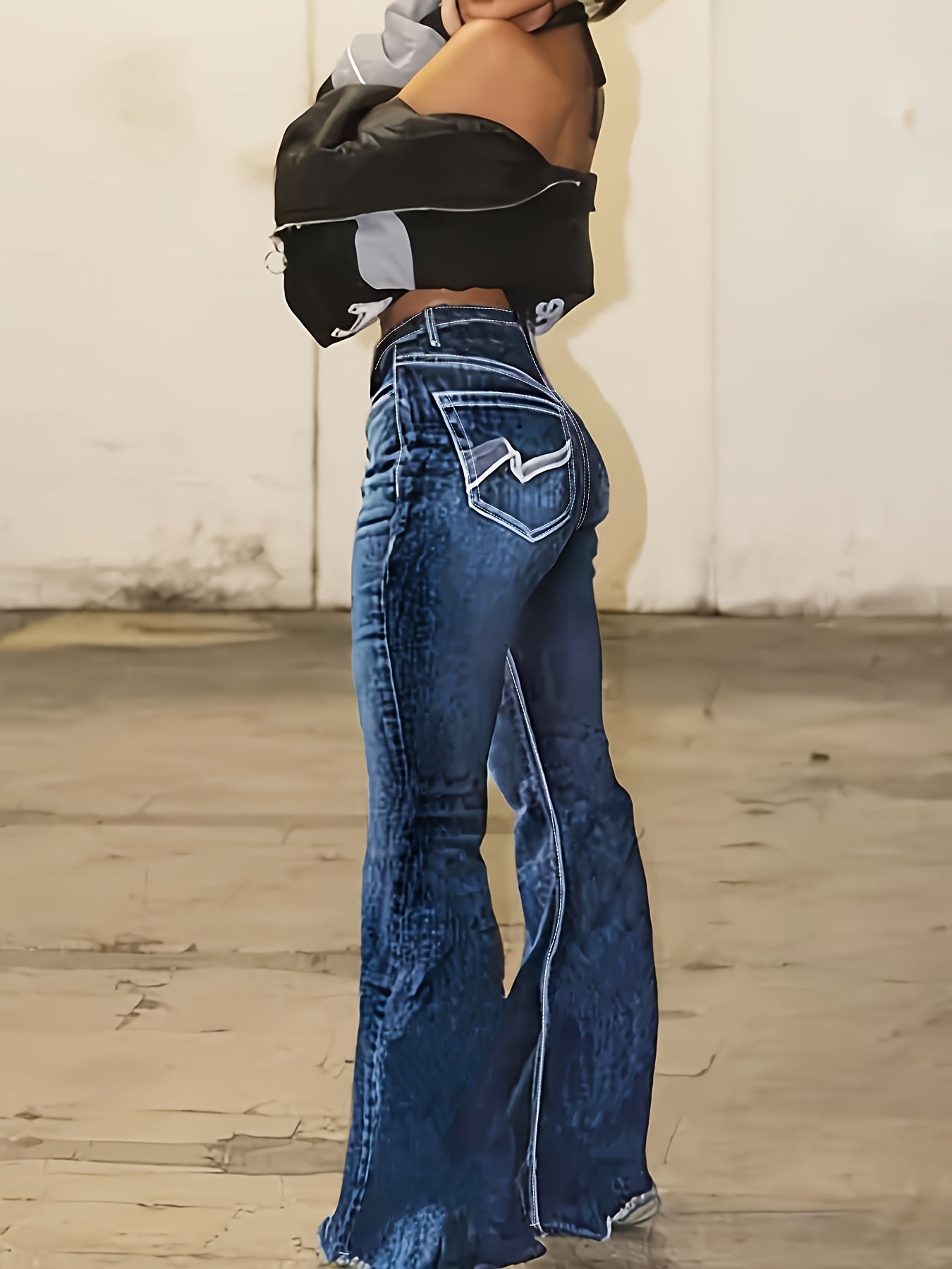 Women's High-Waist Flare Jeans - Black Embroidered detail image - detail view 10