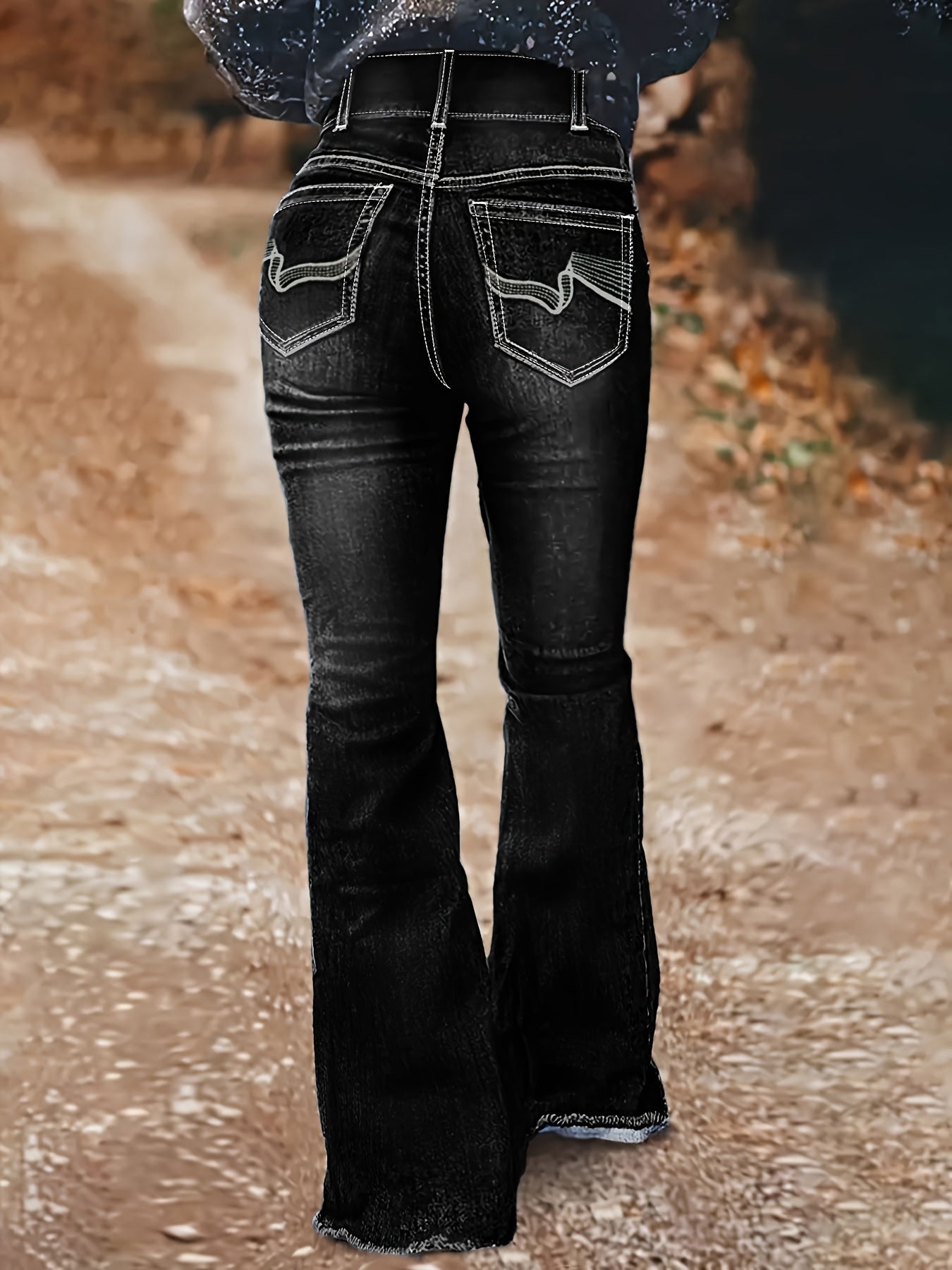 Women's High-Waist Flare Jeans - Black Embroidered detail image - detail view 5