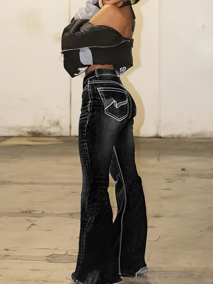 Women's High-Waist Flare Jeans - Black Embroidered detail image - detail view 9