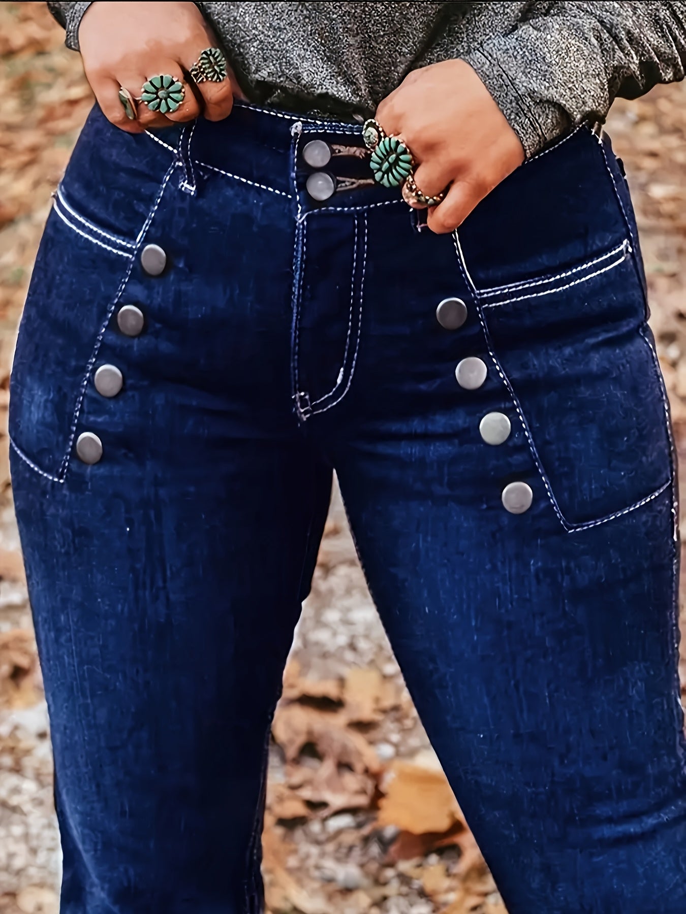 Women's High-Waist Flare Jeans - Dark Blue Button Detail Stretch detail image