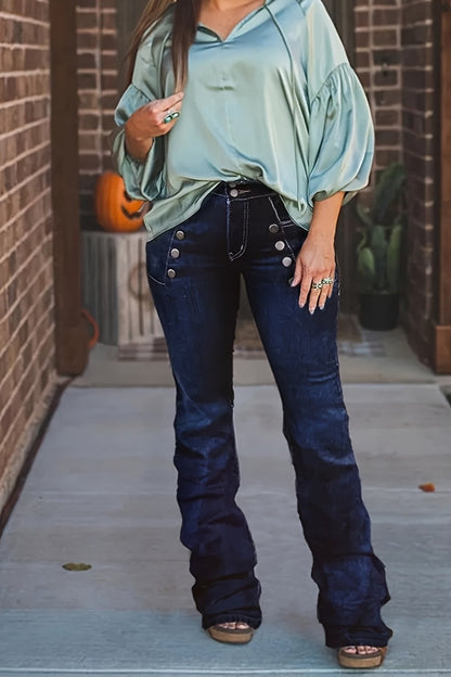 Women's High-Waist Flare Jeans - Dark Blue Button Detail Stretch detail image - detail view 6