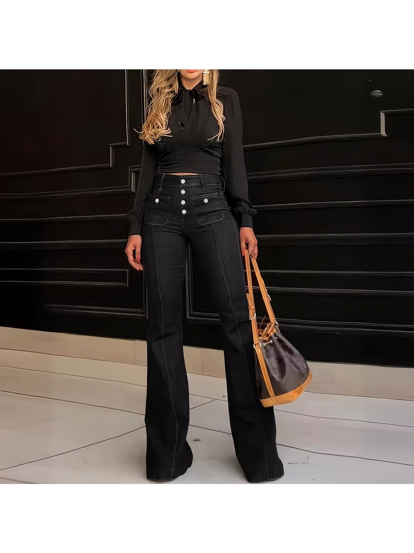 Women's High-Waist Flare Jeans - Dark Blue Pocket Detail detail image - detail view 7