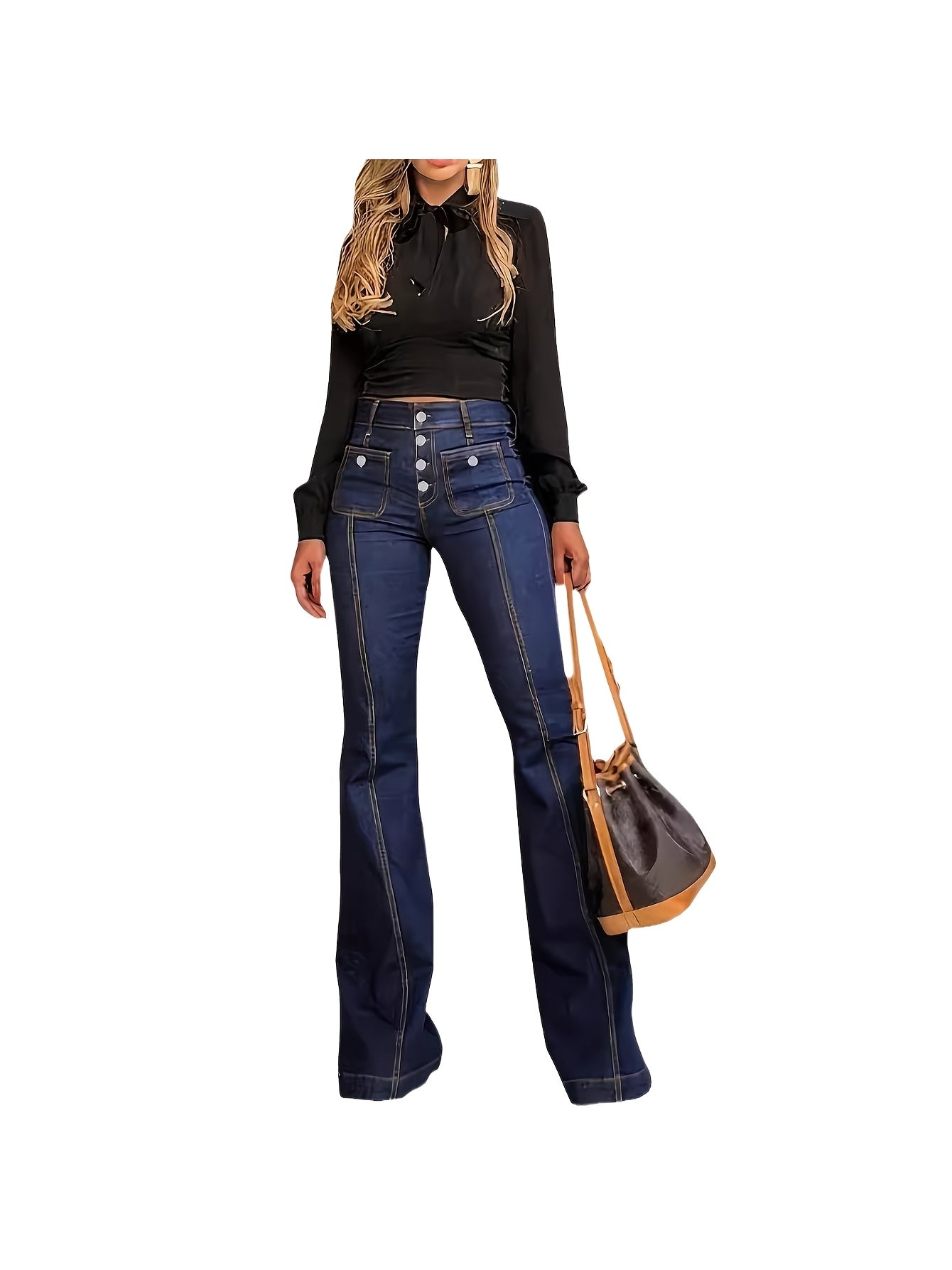 Women's High-Waist Flare Jeans - Dark Blue Pocket Detail detail image - detail view 8