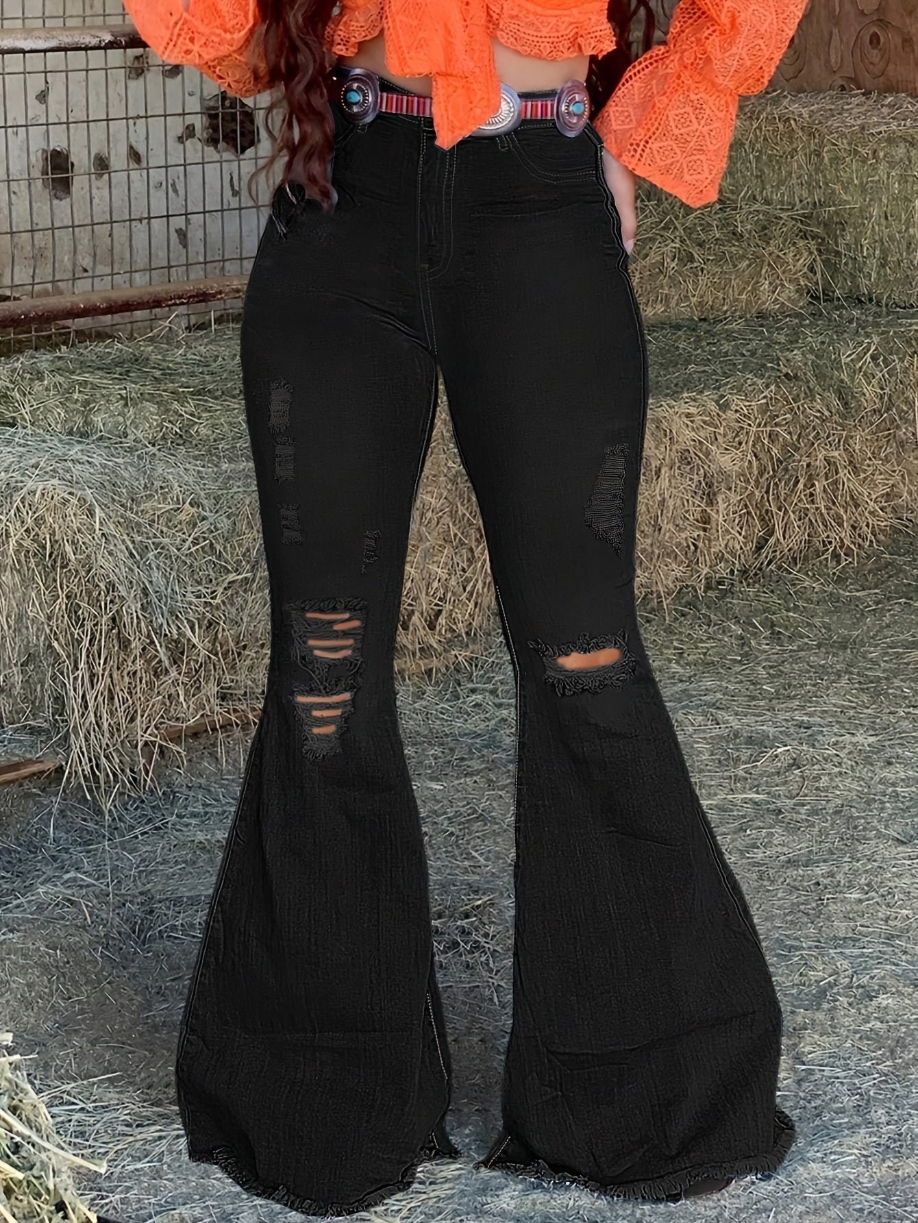 Women's High-Waist Flare Jeans - Medium Blue Distressed Stretch detail image