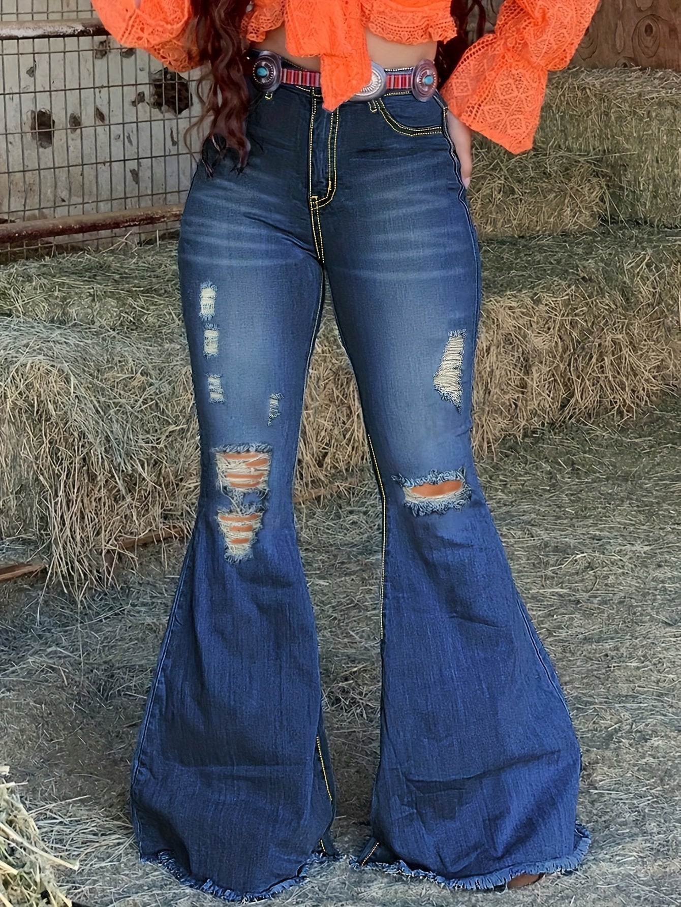 Women's High-Waist Flare Jeans - Medium Blue Distressed Stretch detail image - detail view 4