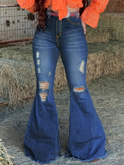 Women's High-Waist Flare Jeans - Medium Blue Distressed Stretch detail image - detail view 4