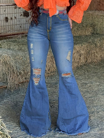 Women's High-Waist Flare Jeans - Medium Blue Distressed Stretch detail image - detail view 7