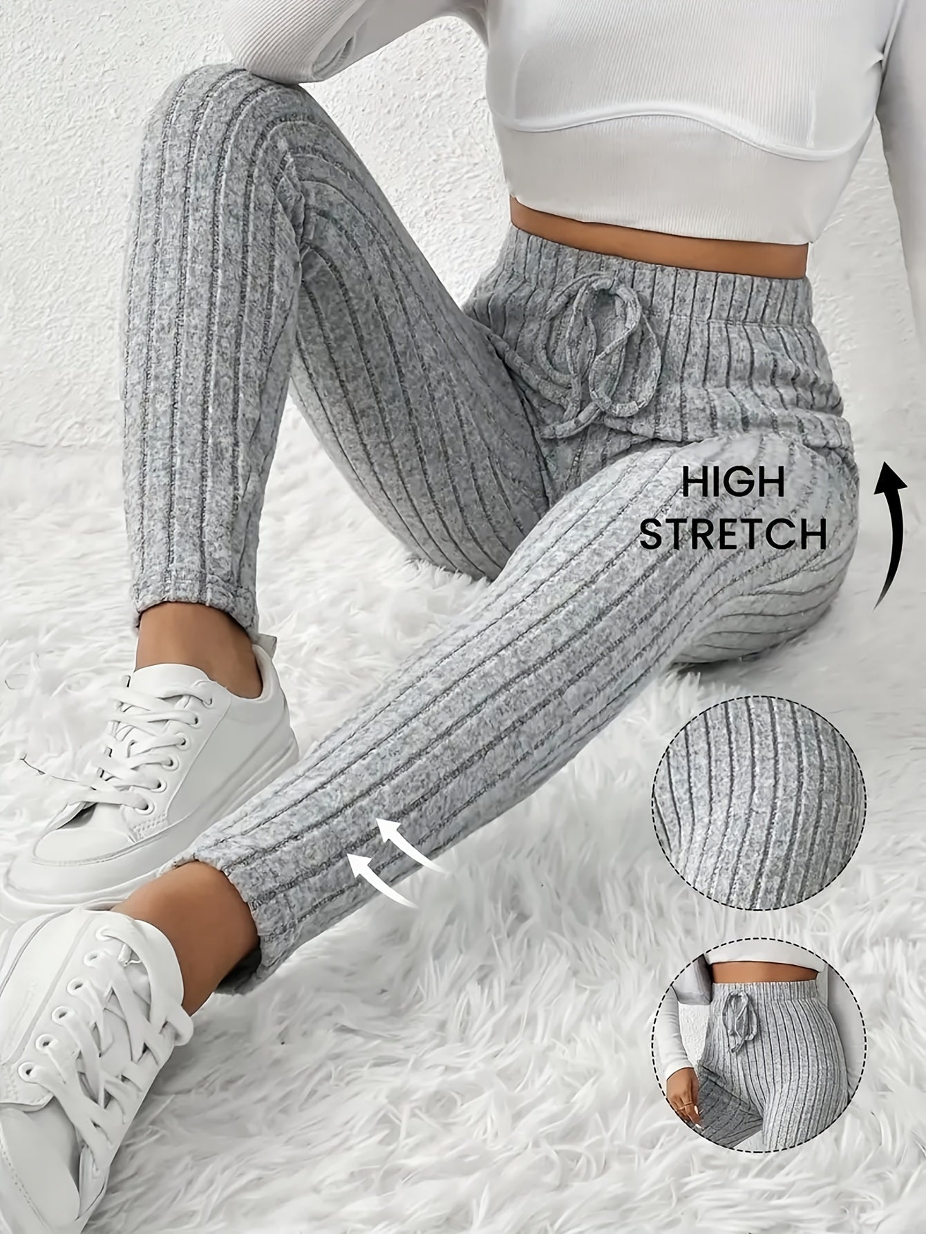 Women's High-Waist Ribbed Leggings - Drawstring Detail detail image - detail view 11