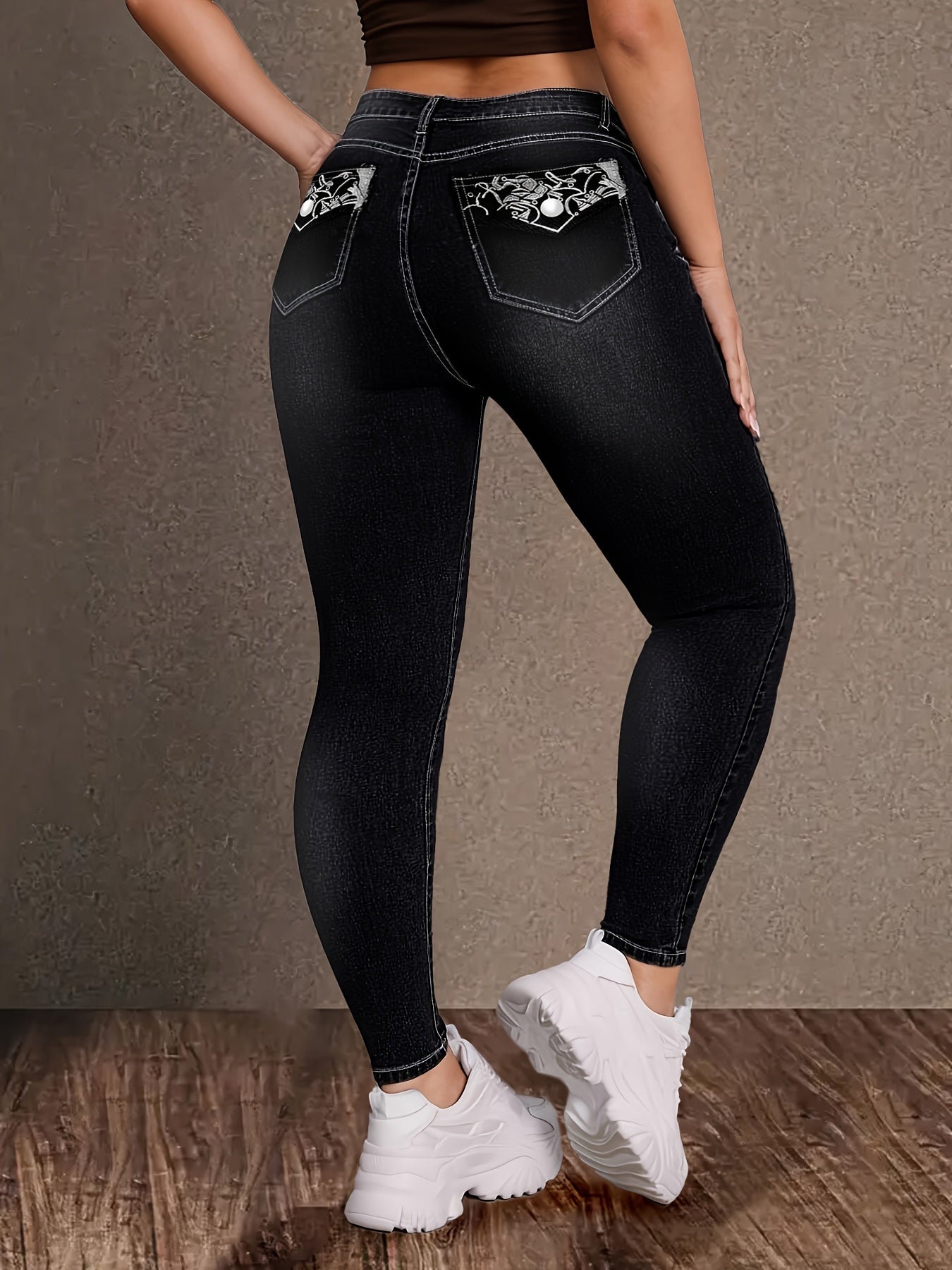 Women's High-Waist Skinny Jeans - Black Embroidered Stretch Travel detail image
