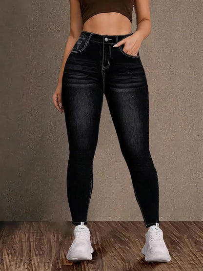 Women's High-Waist Skinny Jeans - Black Embroidered Stretch Travel detail image - detail view 4