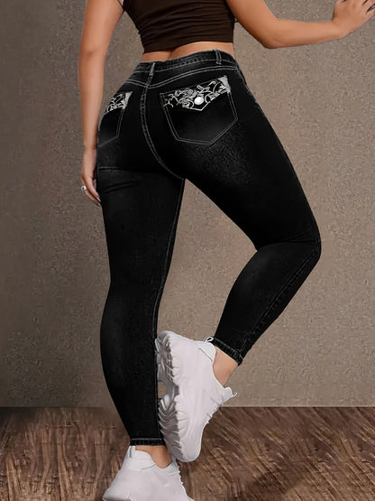 Women's High-Waist Skinny Jeans - Black Embroidered Stretch Travel detail image - detail view 5
