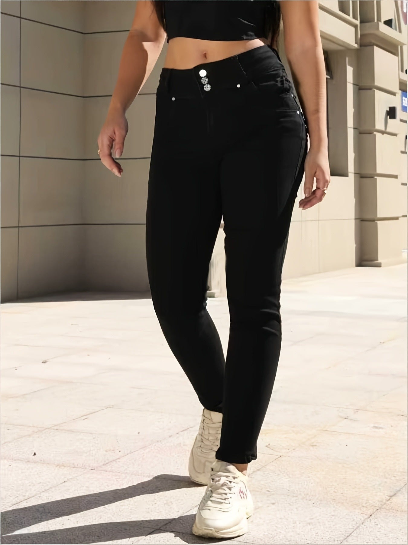 Women's High-Waist Skinny Jeans - Black Pocket Detail detail image