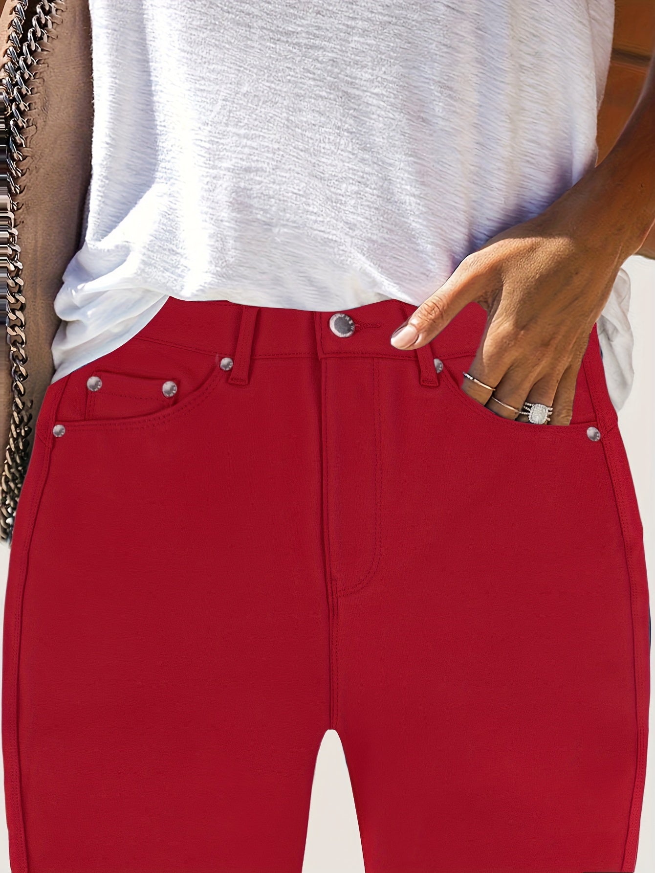 Women's High-Waist Skinny Jeans - Burgundy Pocket Detail detail image - detail view 14