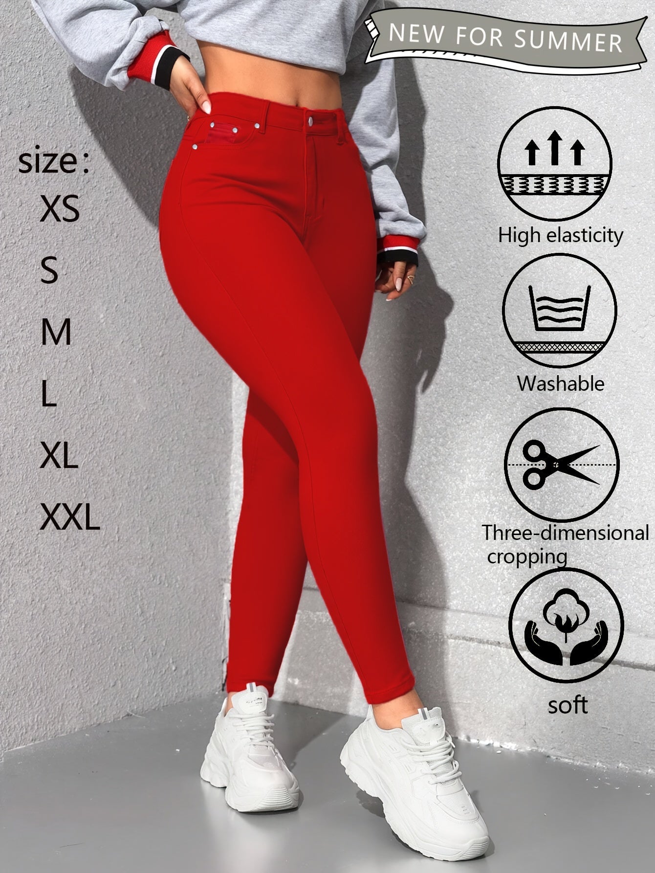 Women's High-Waist Skinny Jeans - Red Stretch detail image - detail view 13