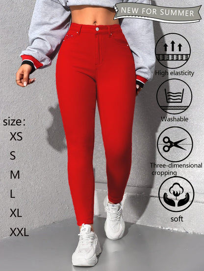 Women's High-Waist Skinny Jeans - Red Stretch detail image - detail view 14