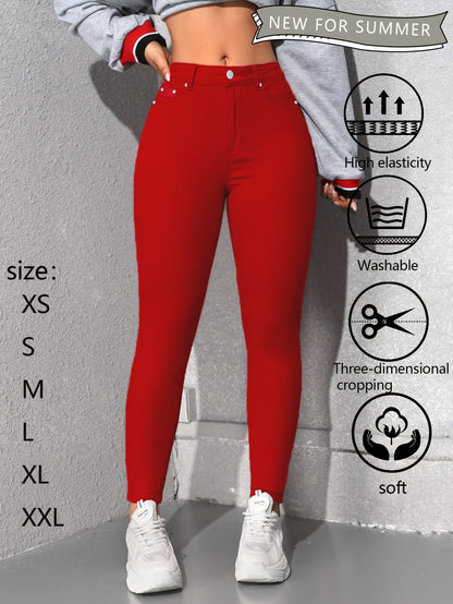Women's High-Waist Skinny Jeans - Red Stretch detail image - detail view 3