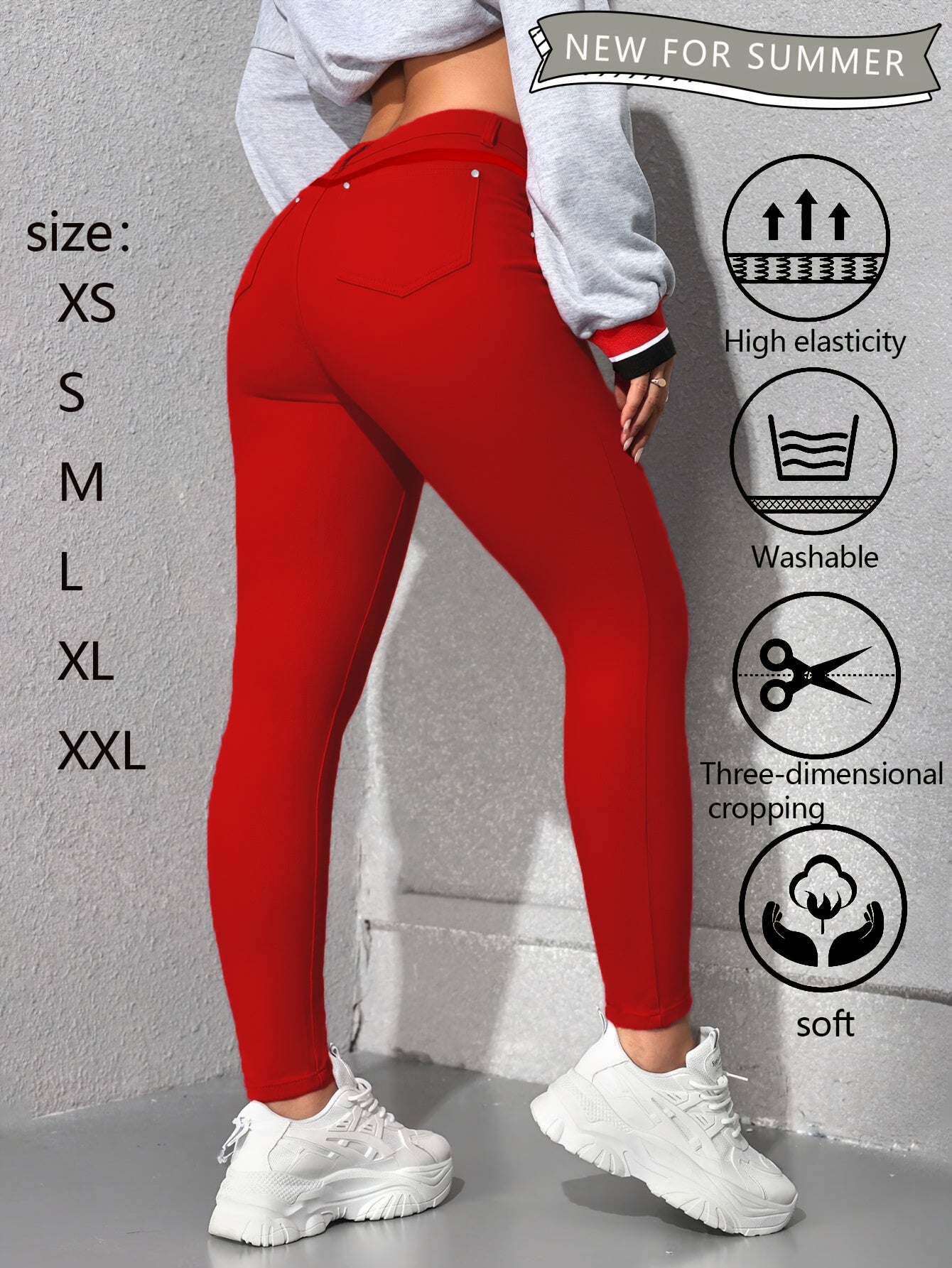 Women's High-Waist Skinny Jeans - Red Stretch detail image - detail view 4