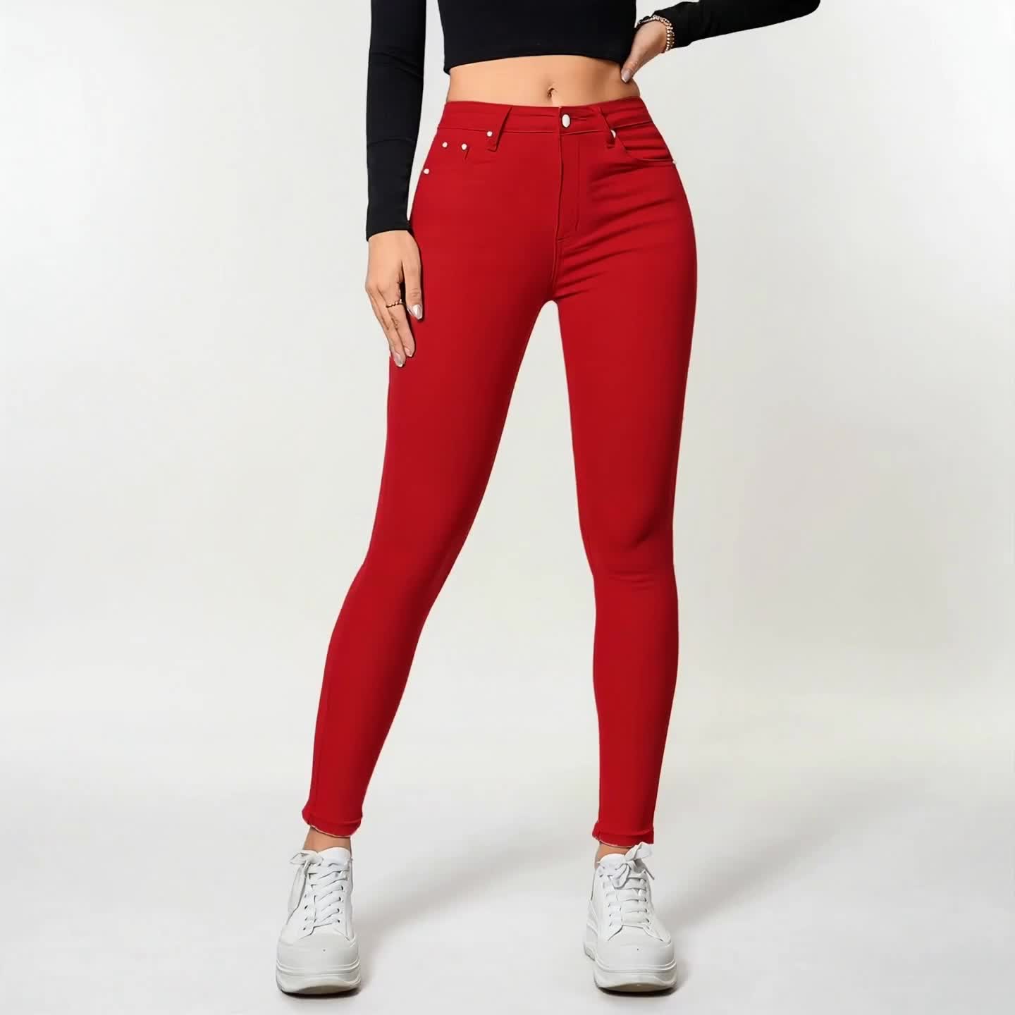Women's High-Waist Skinny Jeans - Red Stretch detail image - detail view 8