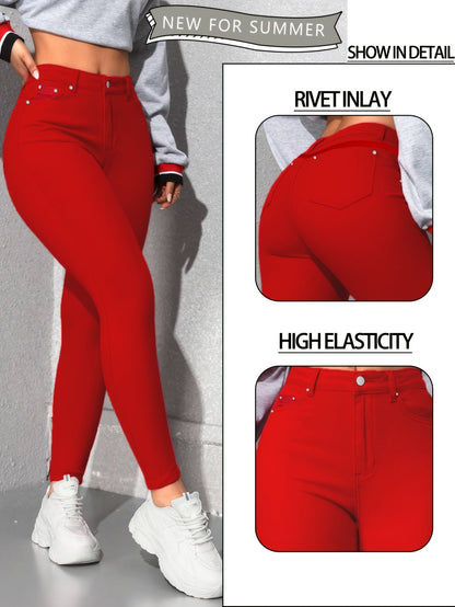 Women's High-Waist Skinny Jeans - Red Stretch detail image - detail view 9