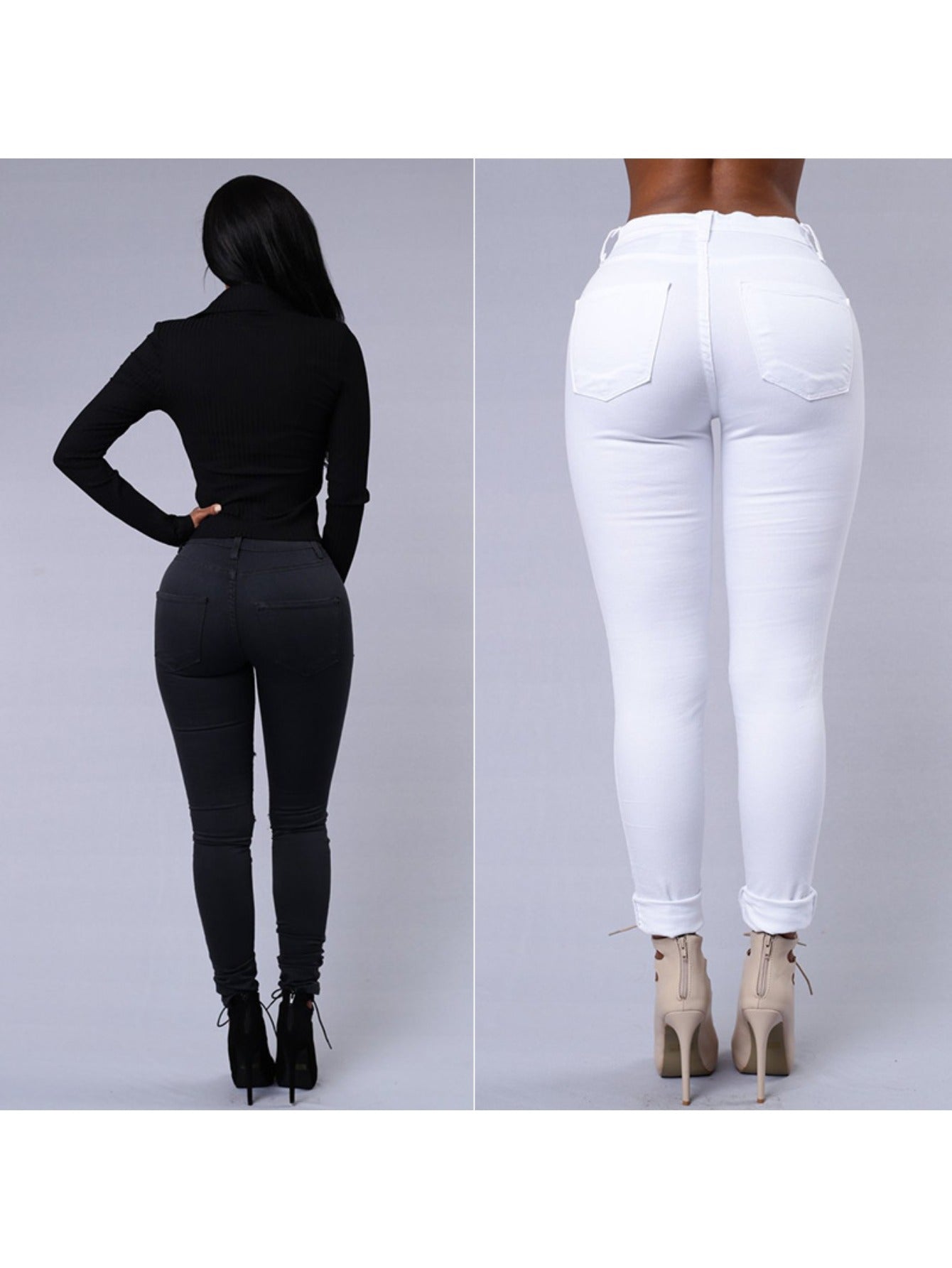 Women's High-Waist Skinny Jeans - White Distressed Stretch detail image - detail view 12