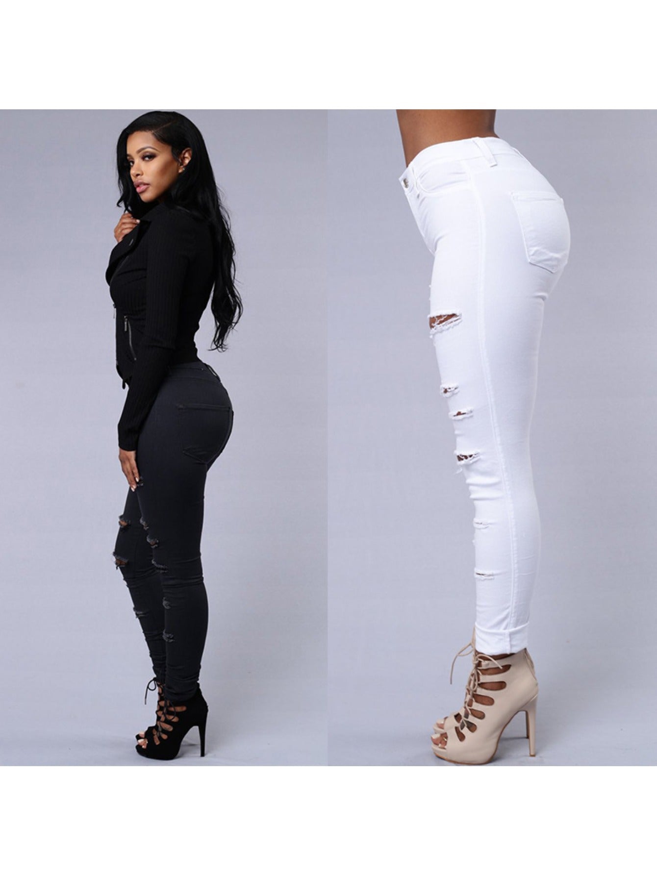 Women's High-Waist Skinny Jeans - White Distressed Stretch detail image