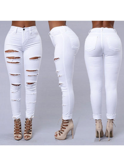 Women's High-Waist Skinny Jeans - White Distressed Stretch detail image - detail view 8