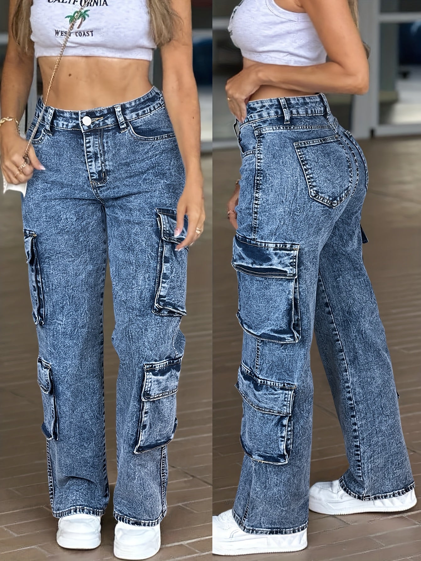 Women's High-Waist Straight Leg Jeans - Light Blue Pocket Detail Stretch All-Season detail image - detail view 7