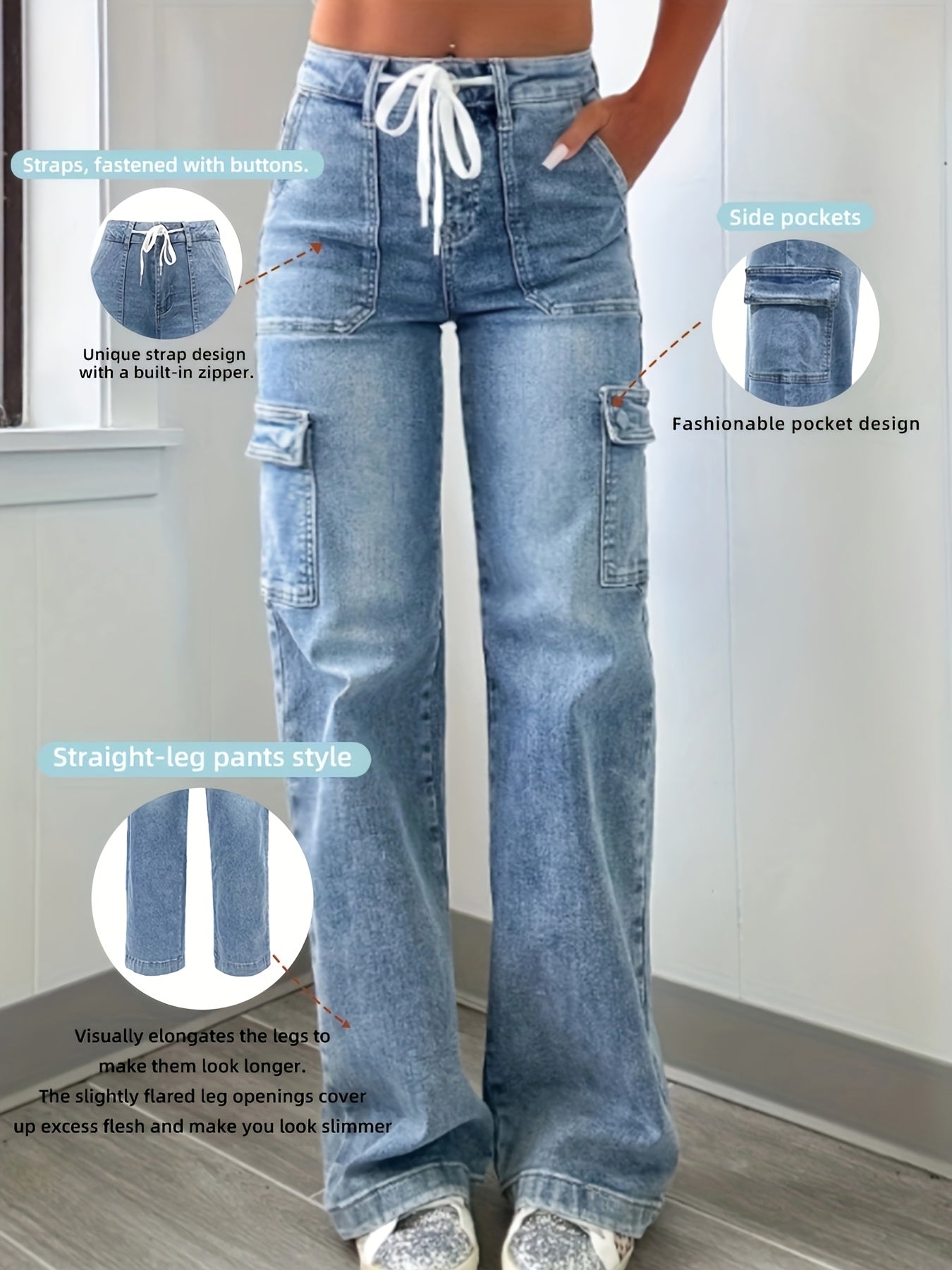 Women's Light Blue Denim Utility High-Waist Cargo Pants - product view 9